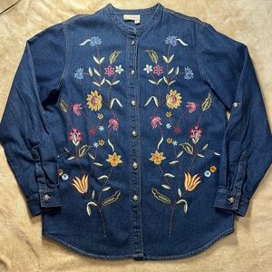 Vtg Coldwater Creek Denim Jacket Embroidered Floral Button Front Women's Medium